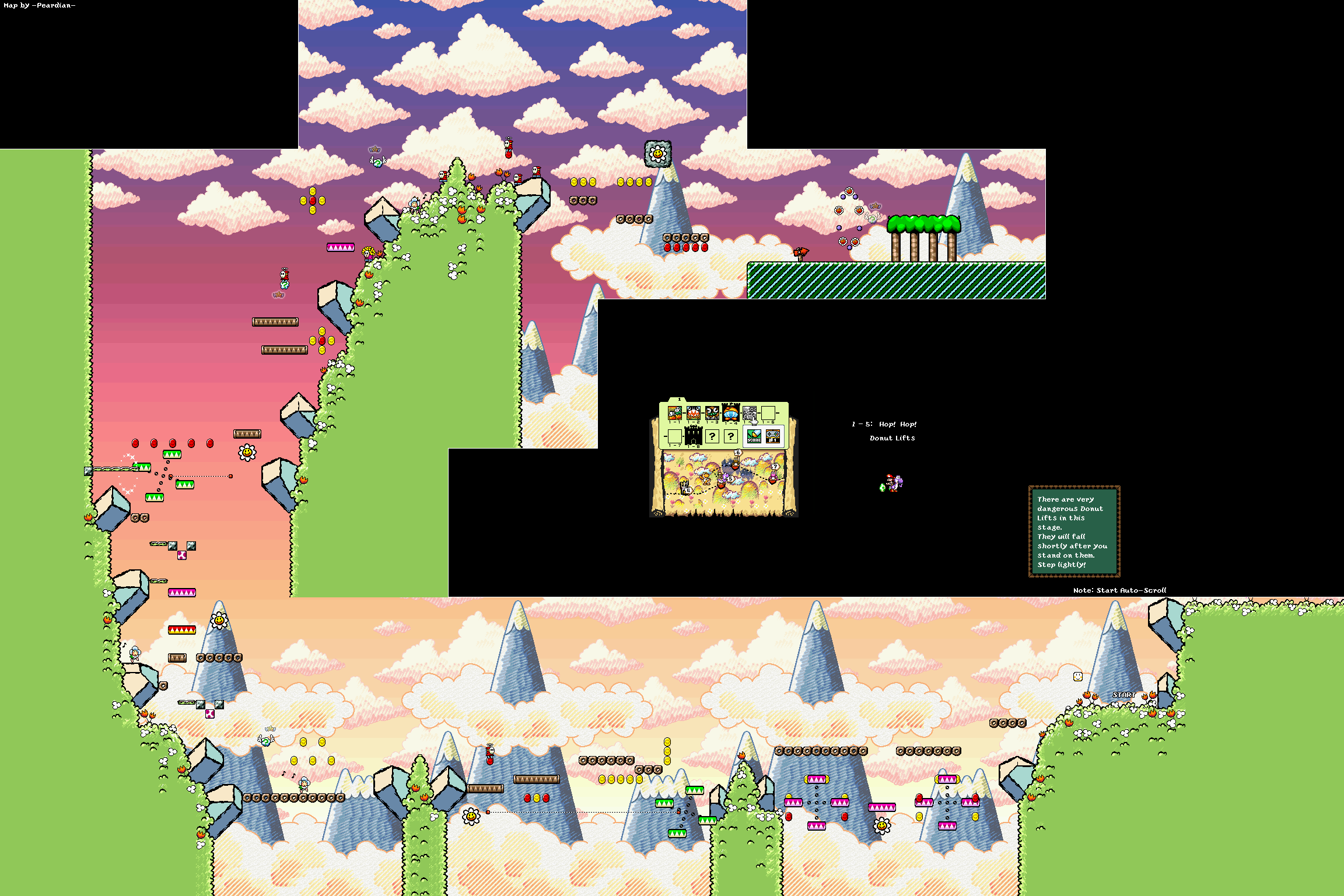 World 1-5 — Hop! Hop! Donut Lifts — full SNES stage map